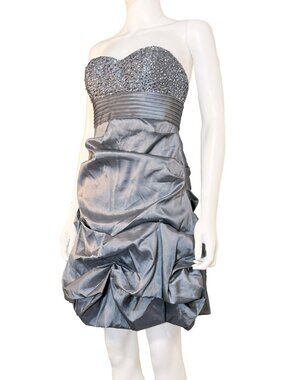 EUC Satin Grey Ruffle & Sequin Ribbed Bodice Strapless Dress - Womens Size 11/12